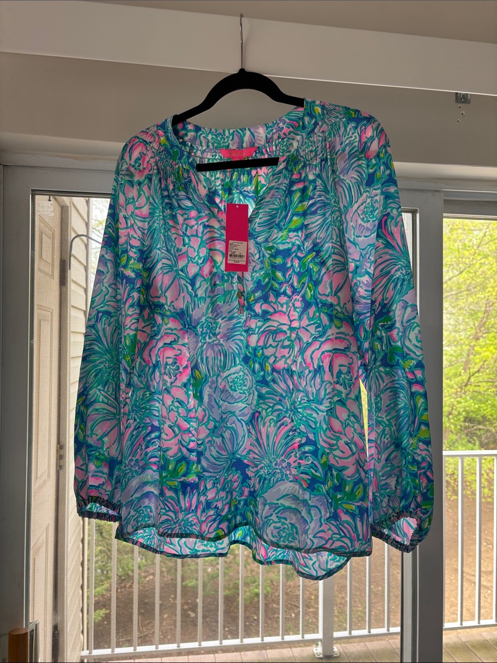 Lilly Pulitzer Turquoise Pink Floral Long-Sleeve Blouse